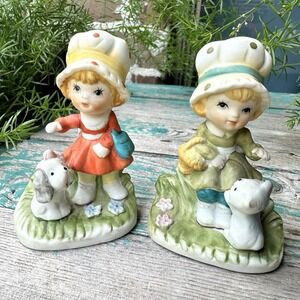 VTG Homco Little Girls With A Dog And Cat Figurines 3.5 Inch Multicolor Set Of 2